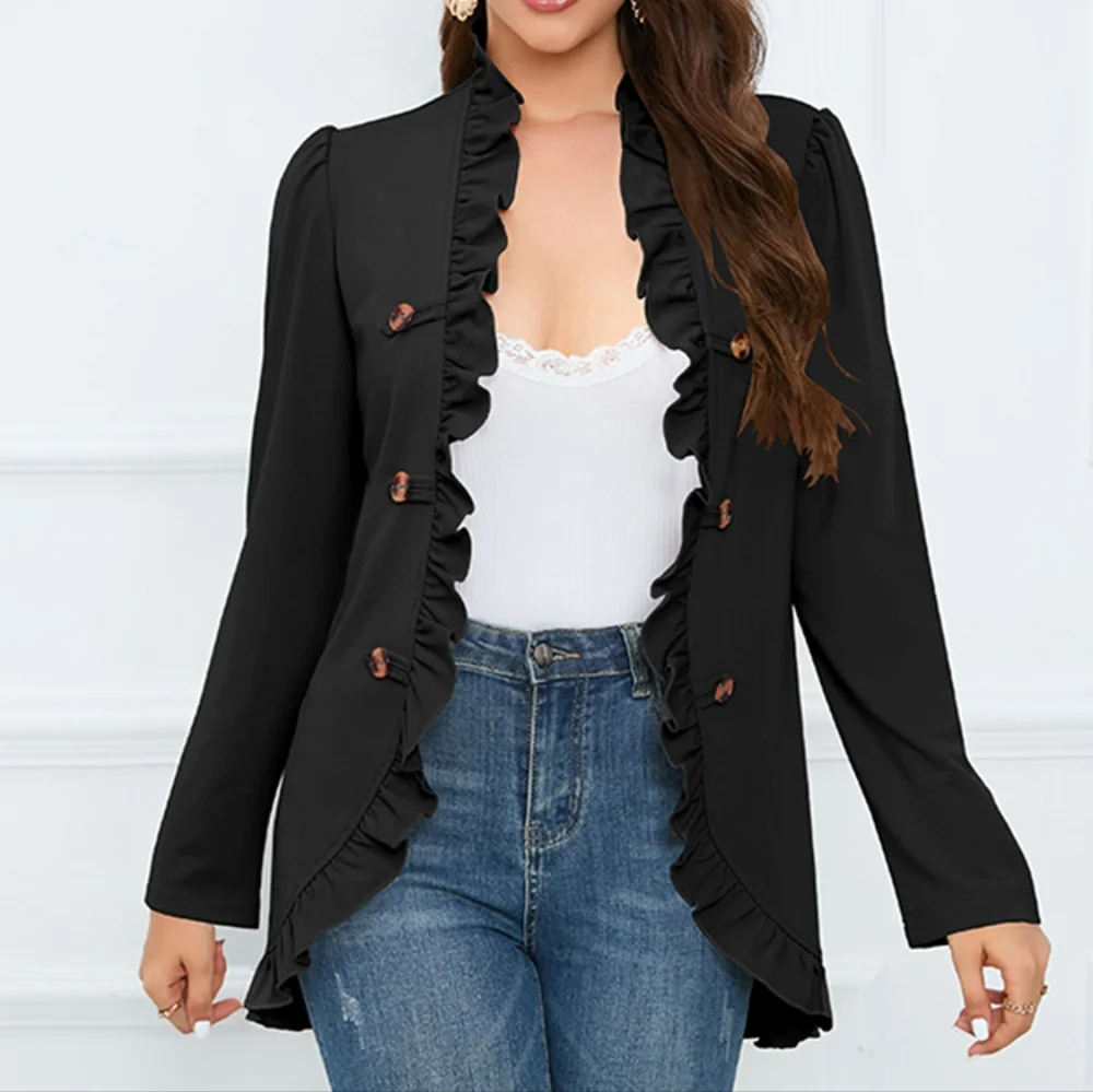 Black Ruffle Trim Blazer - Picture 5 of 10